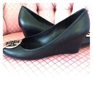 Tory Burch Black Sally 2 Peep toe wedges